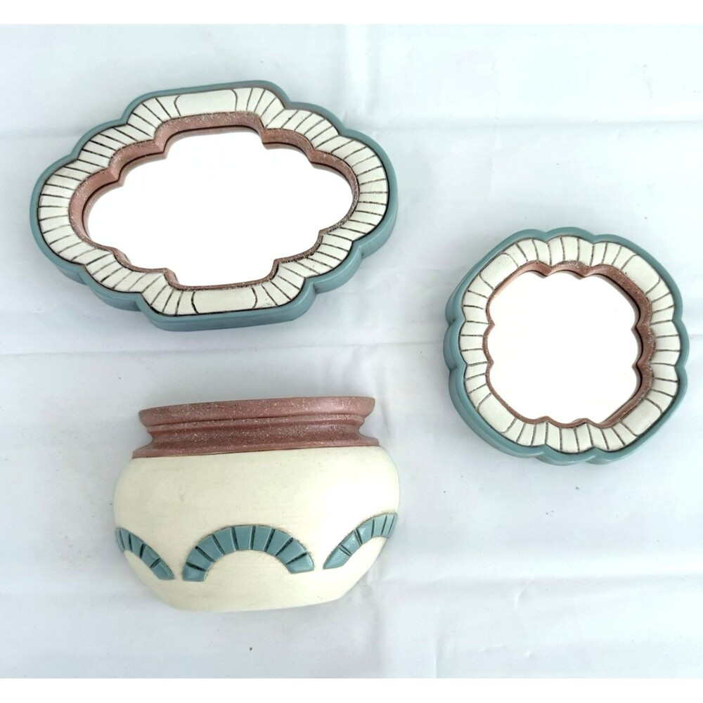 Southwest 3 PCS Terracotta Wall Pocket Pot & Mirrors Decor Cacti Teal Planter